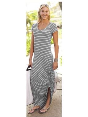 Athleta Gray & White Striped Short-Sleeve Maxi Dress